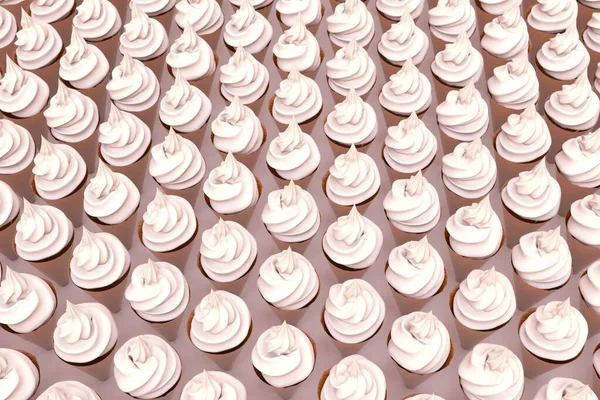 3D illustration of white meringue, marshmallows on an isolated pink background. Large amount of meringue on the surface. Sweet treats. 3D graphics
