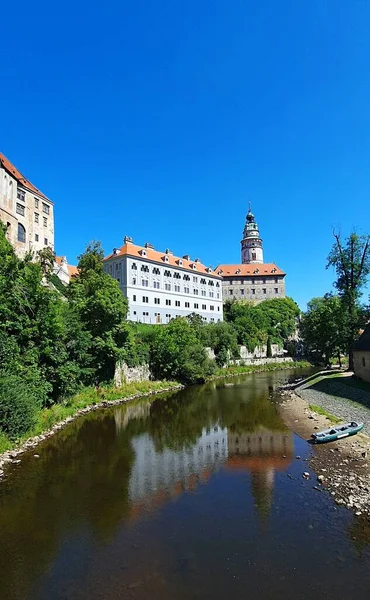 Vue Château Cesky Krumlov Avec Reflet Dans Rivière Vltava Dans — Photo