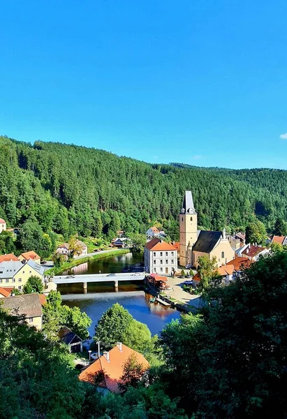 Vista Aérea Ciudad Rozmberk Nad Vltavou Río Moldava Con Cielo — Foto de Stock