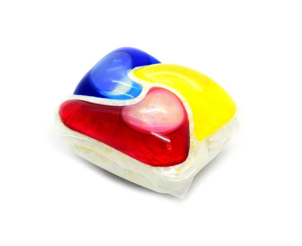 Closeup One Colorful Washing Detergent Gel Pod White Background — Stock Photo, Image