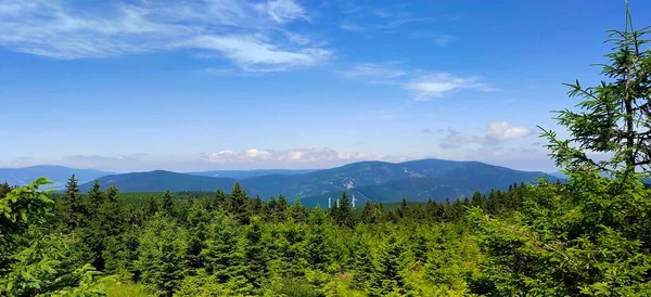 Jeseniky Berglandschap Zomer Met Windturbines Achtergrond Helderblauwe Lucht Tsjechië — Stockfoto