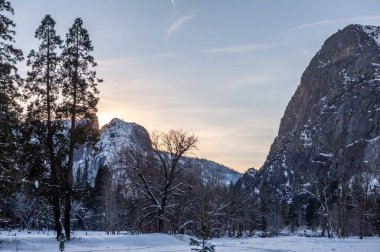 Yosemite Ulusal Parkı 'ndaki dağların arkasında batan güneş karla kaplı ağaçları aydınlatıyor..