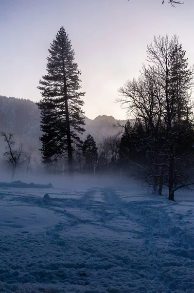 Yosemite Vadisi Gün Batımında Ürkütücü Bir Atmosfer Sağlayan Merced Nehri — Stok fotoğraf