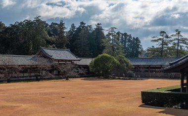 Nara, Japonya - 5 Ocak 2020. Nara 'daki Todai-ji Tapınağı' nın dışında. Bu tapınak dev Buda heykeli ve popüler bir turizm merkezidir..