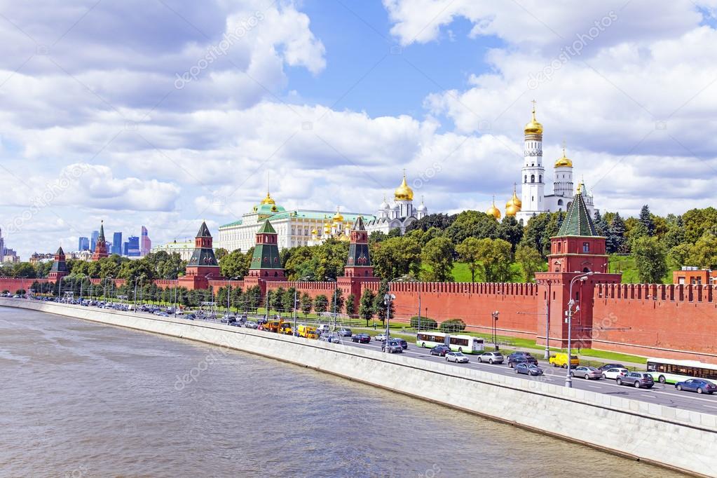 Moscow. Panorama of the Moscow river embankment and architectural ensemble of the Moscow Kremlin