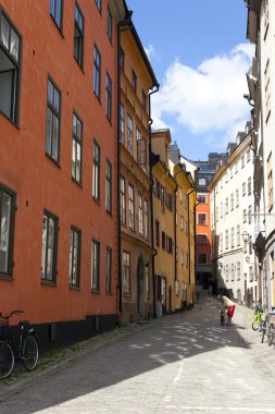 Stockholm. gamla adada eski şehrin dar sokaklarında stan