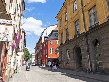 Stockholm. gamla adada eski şehrin dar sokaklarında stan