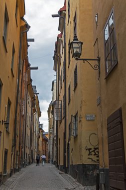Stockholm, İsveç. gamla Adası tarihi kentin tipik sokak stan
