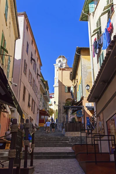 France , Cote d'Azur , Villefranche. Architectural detail of old houses on the waterfront. View from the sea . — Stock Photo, Image