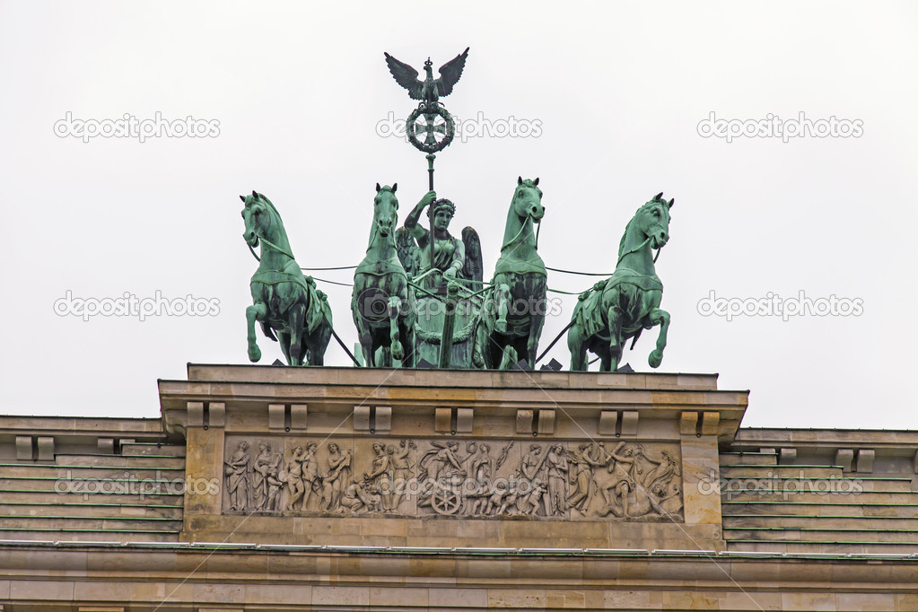 Germany, Berlin . Brandenburg Gate on a cloudy winter day. Architectural details.