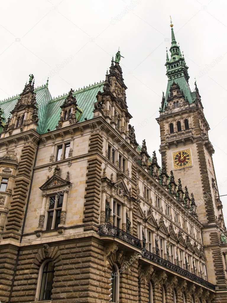 Hamburg, Germany , Architectural details of the City Hall, view on a cloudy winter day
