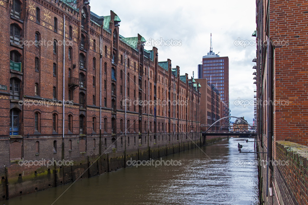 Hamburg, Germany. View of the old building warehouses and offices in the historic city in cloudy winter weather