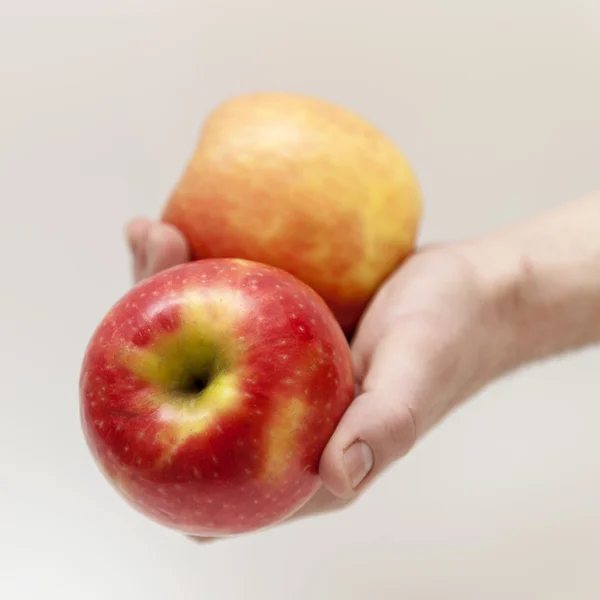 Červená jablka v mužských rukou — Stock fotografie
