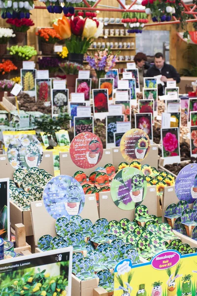 Άμστερνταμ, Ολλανδία. Πώληση σπόρων, φυτών και λουλουδιών στην αγορά λουλουδιών . — Φωτογραφία Αρχείου
