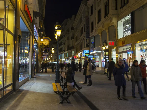 Budapest, Magyarország. turisták séta az esti utcán — Stock Fotó