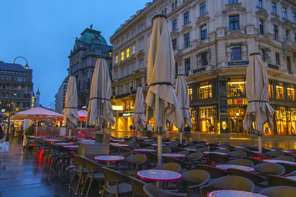 Viena, Austria. Los turistas caminan por las calles nocturnas con tiempo lluvioso —  Fotos de Stock