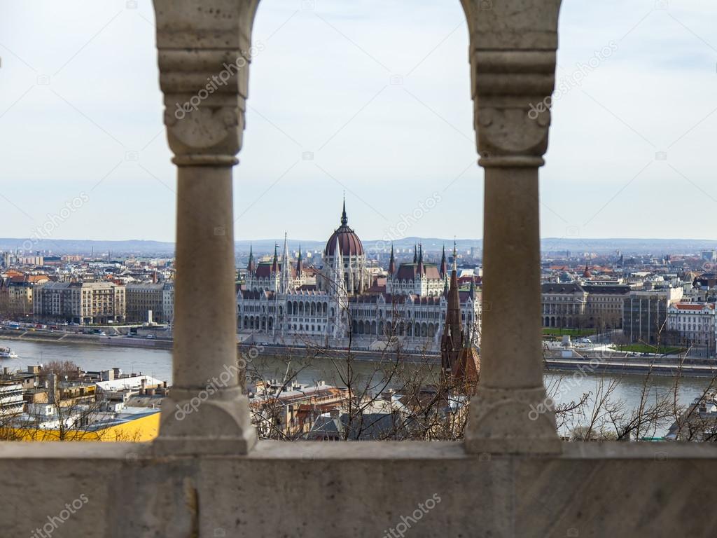 Budapest, Hungary. View of the Danube and the Hungarian Parliament from Fishermen 's Bastion