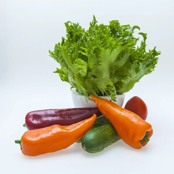 Fresh vegetables for salad: cucumber, tomato, sweet pepper — Stock Photo, Image