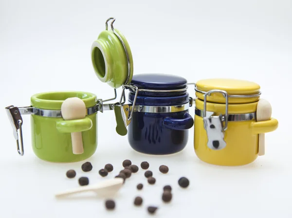 Colorful ceramic containers for spices — Stock Photo, Image