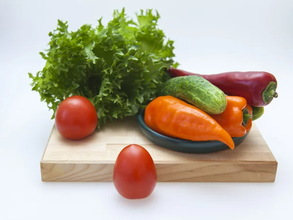 Fresh vegetables for salad: tomato, cucumber , sweet pepper — Stock Photo, Image