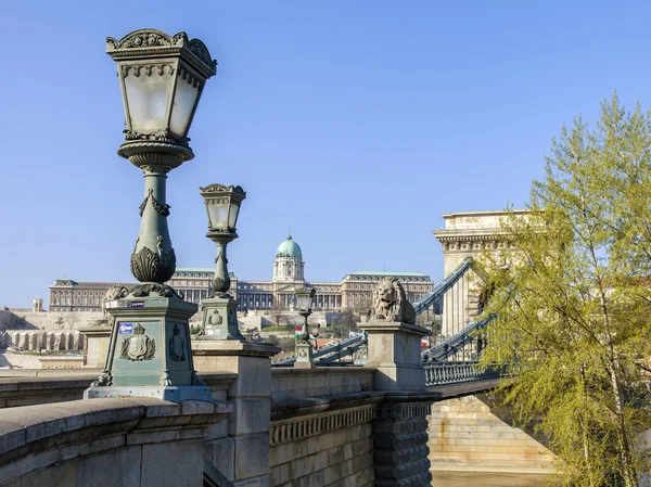 Budapešť, Maďarsko. pohled na Řetězový most přes Dunaj — Stock fotografie