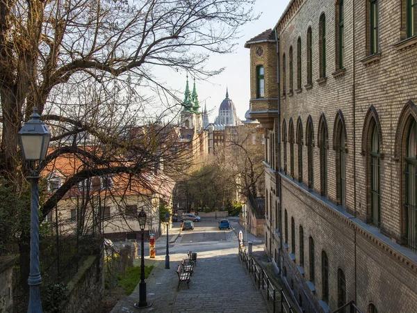 Budapest, Hongarije. typisch stedelijke uitstraling. pittoresk steegje in buda. Buda - deel van de stad, gelegen aan de hoge oevers van de Donau — Stockfoto