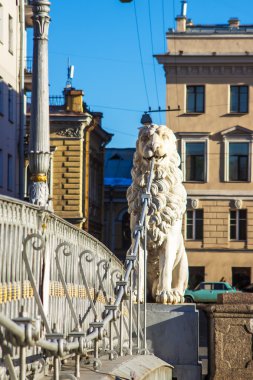 St. Petersburg, Rusya. Griboyedov Kanalı üzerinde yaya aslanı köprüsü