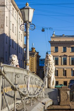 St. Petersburg, Rusya. Griboyedov Kanalı üzerinde yaya aslanı köprüsü