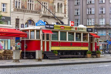 Prague, Çek Cumhuriyeti. eski tramvay kafede. Wenceslas Meydanı