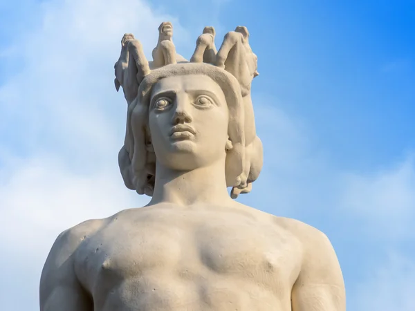 Nice, France. Fragment of the sculpture decorating the fountain on Victor Massen Square — Stock Photo, Image