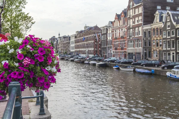 Ámsterdam, Países Bajos, 7 de julio de 2014. Típica vista urbana. Casas antiguas en la orilla del canal — Foto de Stock