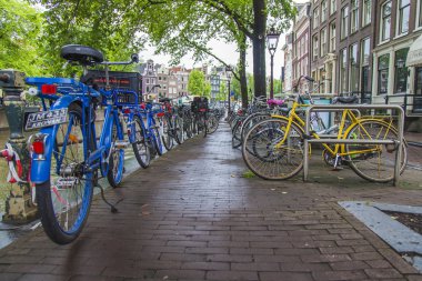Amsterdam, Hollanda, 7 Temmuz 2014 tarihinde. kanal kıyısında bisiklet. Bisiklet taşıma Hollanda'da çok popüler türüdür