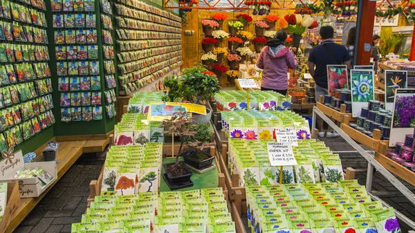 อัมสเตอร์ดัม เนเธอร์แลนด์ วันที่ 8 กรกฎาคม 2014 ขายพืชและเมล็ดพันธุ์ในตลาดดอกไม้ของอัมสเตอร์ดัม ตลาดดอกไม้ - หนึ่งในสถานที่ท่องเที่ยวที่รู้จักกันในเมือง — ภาพถ่ายสต็อก
