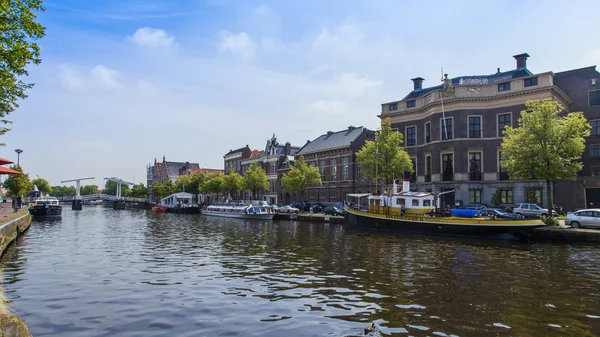 Haarlem, Países Bajos, 10 de julio de 2014. Típica vista urbana. Casas antiguas en el terraplén del canal se reflejan en su agua —  Fotos de Stock
