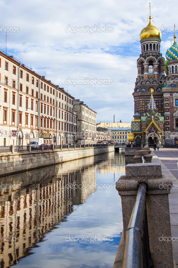St. Petersburg, Russia, on July 22, 2012. The architectural complex of buildings of Griboyedov Canal Embankment is reflected in water