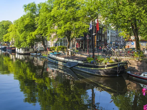 Amsterdam, Niederlande, am 10. Juli 2014. bewohnte Boote an der Küste des Kanals — Stockfoto