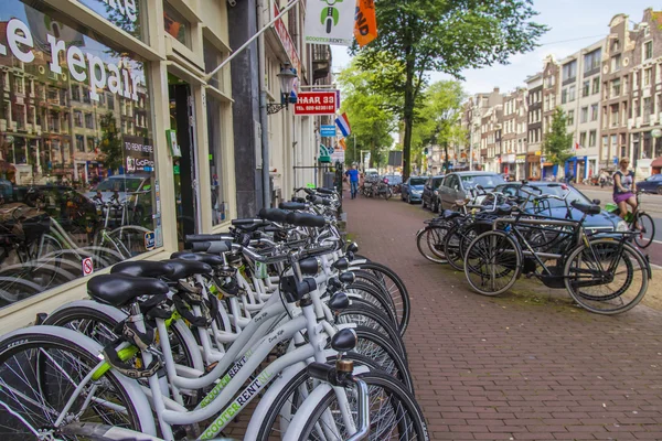 Amsterdam, Nizozemsko, 10. července, 2014.rental jízdní kolo zaparkované na ulici — Stock fotografie