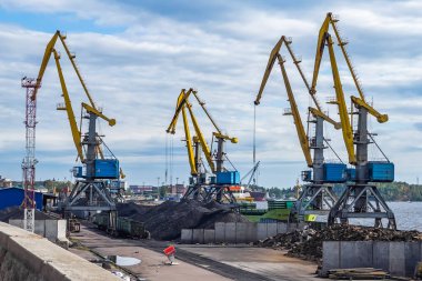 Vyborg, Rusya, 25 Temmuz 2021. Vinçler ticari limanda