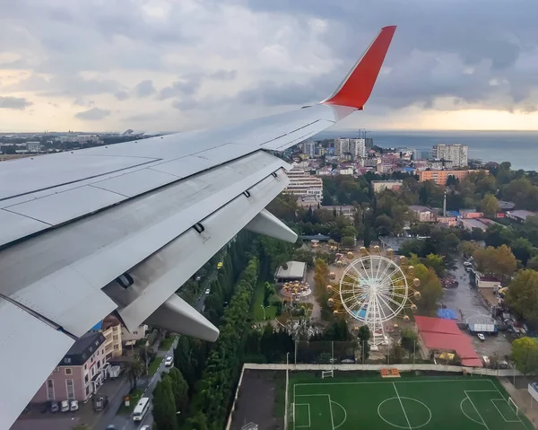 Sochi Russia October 2021 View Window Landing Aircraft International Airport — Stock Photo, Image