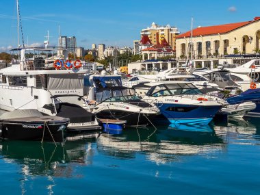 Sochi, Rusya, 19 Ekim 2021. Sochi Marina limanında yatlar