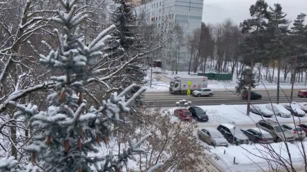 Пушкіно Росія Лютого 2021 Вигляд Вікна Вулиці Міста Снігу — стокове відео