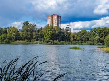 Pushkino, Rusya, 25 Ağustos 2020. Serebryanka nehrinin manzaralı kıyısında dinlenme yeri.