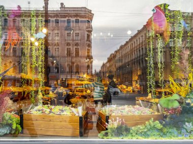 St. Petersburg, Rusya, 7 Kasım 2021. Şehrin tarihi kısmındaki Millionnaya sokağının görüntüsü, cephenin bir parçası. Sokak büyük pencereye yansıyor