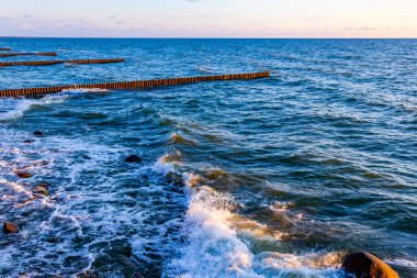 Deniz manzarası. Dalgalar ve köpüklerle sörf yapmak. Doğa arkaplanı