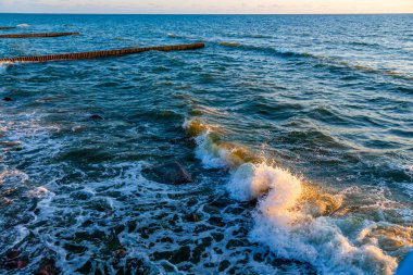 Deniz manzarası. Dalgalar ve köpüklerle sörf yapmak. Doğa arkaplanı