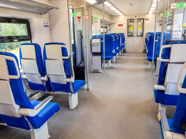 Kaliningrad, Rusya, 24 Haziran 2021. Modern bir yüksek hızlı bölgesel trenin iç kısmı.