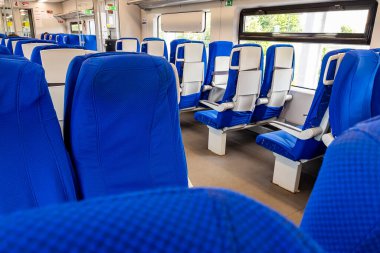 Kaliningrad, Rusya, 24 Haziran 2021. Modern bir yüksek hızlı bölgesel trenin iç kısmı.