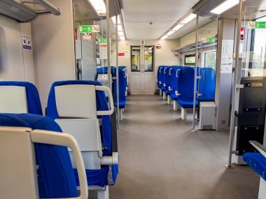 Kaliningrad, Rusya, 24 Haziran 2021. Modern bir yüksek hızlı bölgesel trenin iç kısmı.