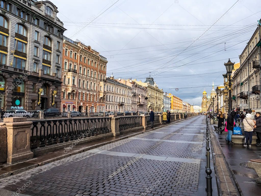 St. Petersburg, Russia, November 7, 2021. View of the Griboyedov Canal and its picturesque embankments. Church of the Savior on Spilled Blood in the distance