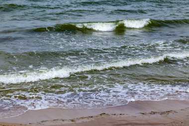Deniz manzarası. Dalgalar ve köpüklerle sörf yapmak. Doğa arkaplanı